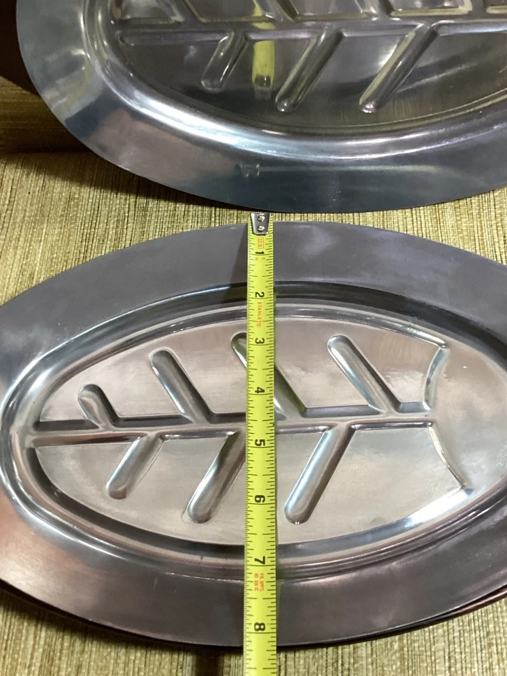 Stainless Steel Oval Serving Tray with Leaf Design - Silver